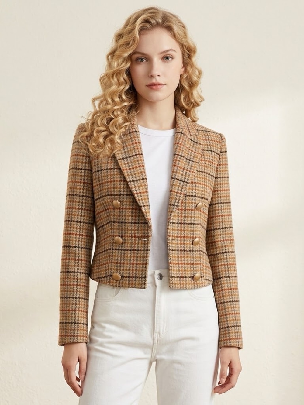 Elie Tahari Wool Blend Cropped Tweed Blazer Houndstooth Plaid Jacket Sz 6